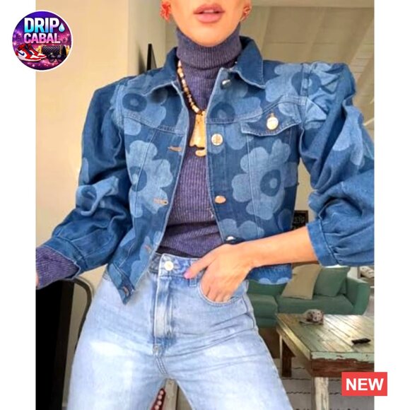 Denim Jacket Floral Button Down Long Sleeve Streetwear Fall Coat Women's Casual - Picture 5 of 5